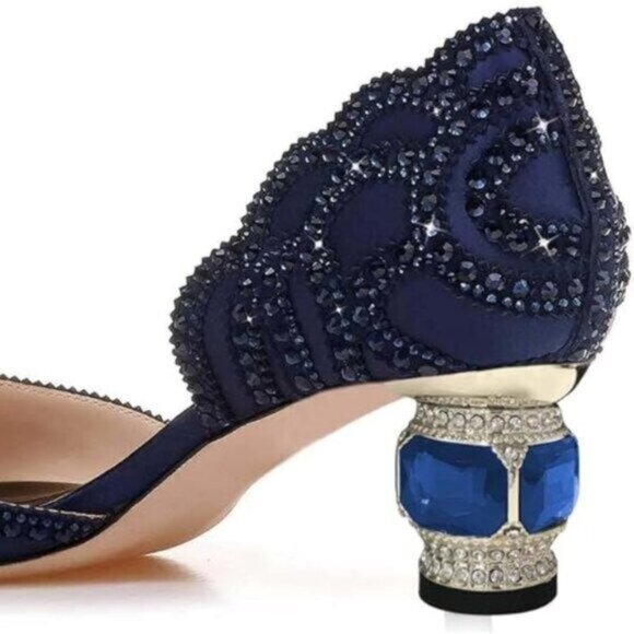 Size 7.5 XYD Women’s Satin Pumps Pointed Toe D'Orsay Crystal Heels Rhinestone - Picture 6 of 12